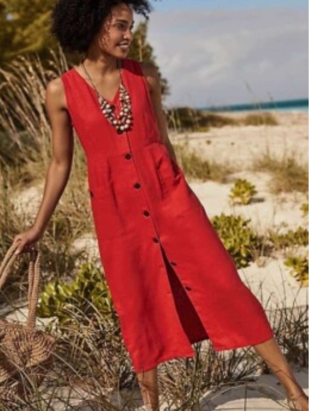 J Jill Sleeveless Red Button-Front Midi Dress